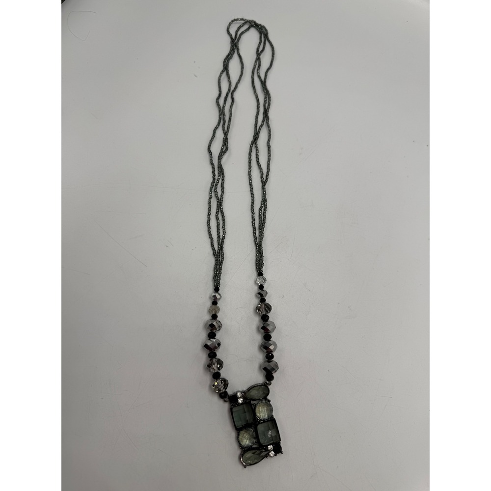 Long Multi Strand Beaded Geometric Pendant Necklace Grey Black Faceted Stones